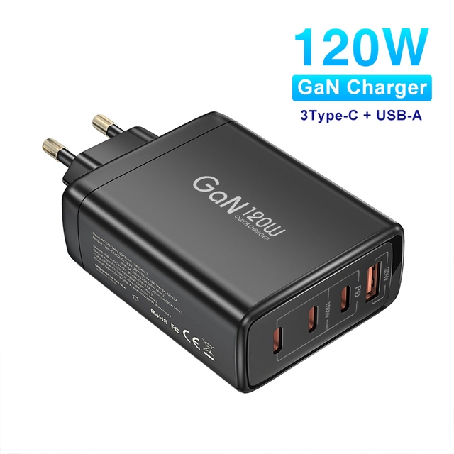 120W GaN Mobile Phone & Laptop Charger USB Type-C PD Fast Charging Adapter with OTP Protection and US/UK/EU/AU Plugs
