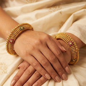 Traditional Gold Look <b>Copper</b> Antique Style South Indian Temple Kada <b>Bangles</b> Set with Natural Stone Bead Work Wedding Women Girls - Product Image 2