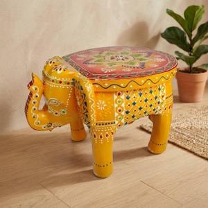 Handcrafted Wooden <b>Elephant</b> Stool Bohemian <b>Decor</b> Art Deco Design Yellow Color Animal Pattern Home Decoration - Product Image 1