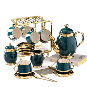 High quality sugar jar Porcelain teacup saucer Arabian ceramic gold tea set with teapot Milk pot gold coffee cup