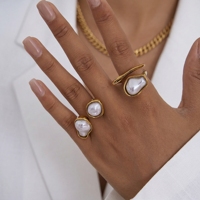 Bague minimaliste en acier inoxydable plaqué or 18 carats avec perle baroque, ouverture asymétrique, forme extraterrestre, ajustable, bijoux pour femmes