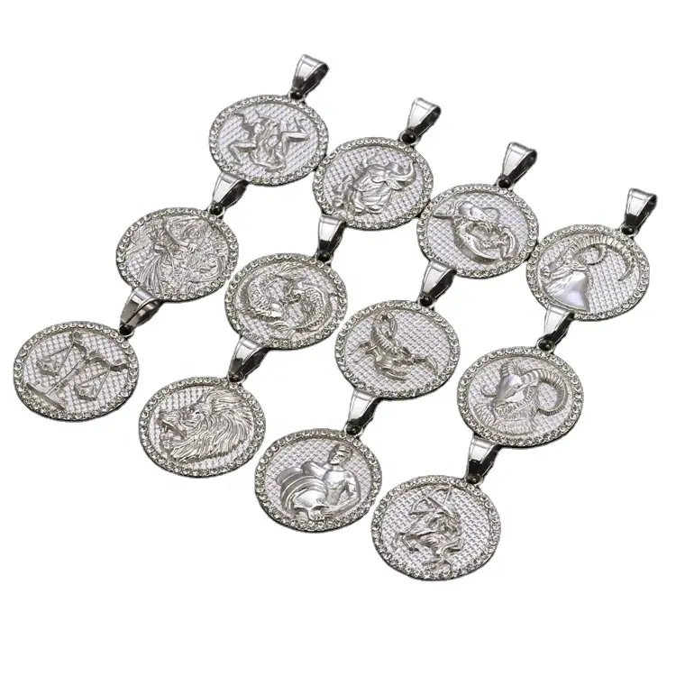 Gioielli zodiacali moneta rotonda di cristallo zircone oroscopo ciondolo in acciaio inox 12 segno zodiacale collana ciondolo