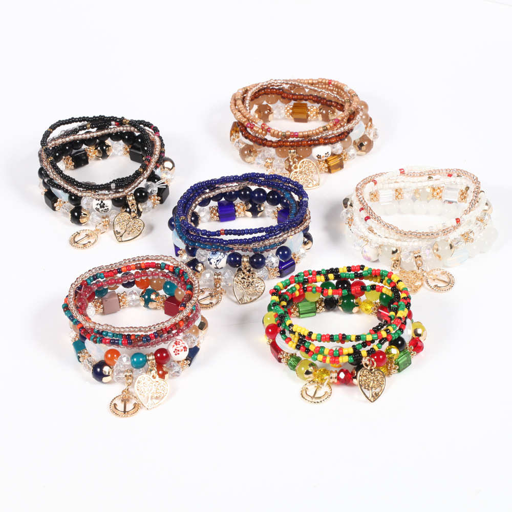 Bracelet en pierre naturelle à multicouche pour femme, ensemble de 6 pièces, style bohémien, breloque, arbre de vie, nouvelle création