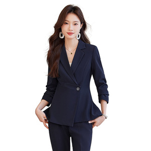 Women's Fitted Waist Suit Set Full Sleeve Spring Office Lady Anti-Wrinkle Professional <b>Work</b> Uniform Slit Jacket - Product Image 5
