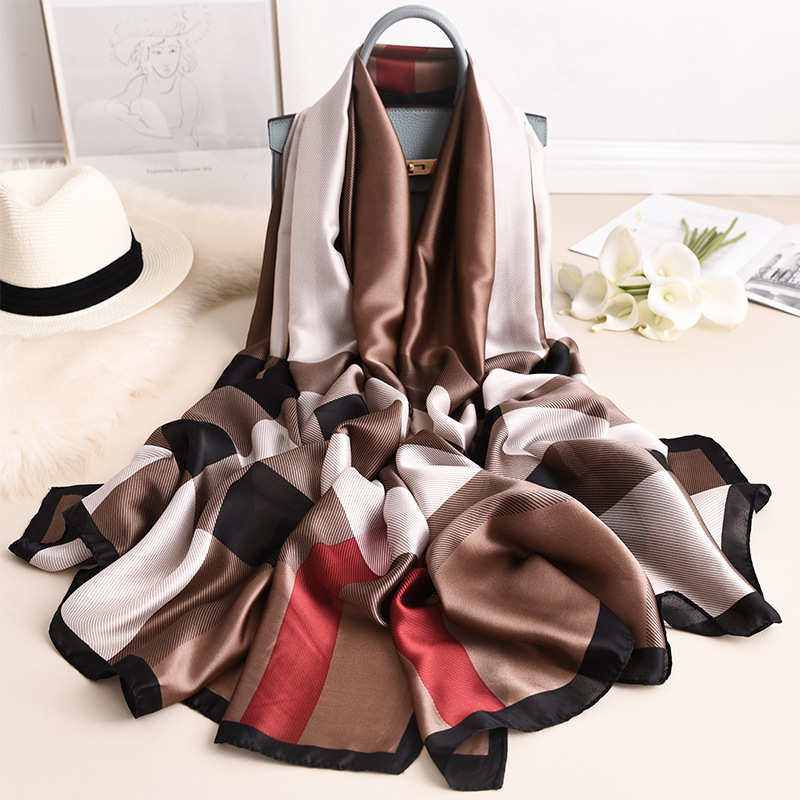 Wholesale 2022 hot sale women silk feeling scarf 3colors luxury brand logo print stain silk ladies sunscreen shawls