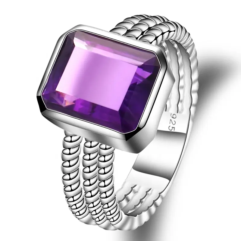 Bleibender Amethyst Ring Mann CU Stein Nature del stein Seil Drei-Band-Ring für Frauen Fingerring 925 Sterling Silber Feiner Schmuck