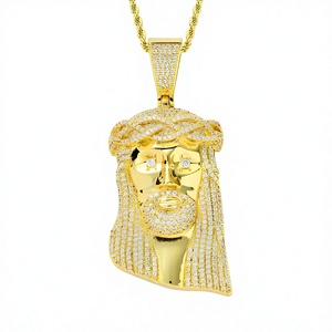 Pendentif visage de Jésus plaqué rhodium avec moissanite, charme religieux serti de pierres pour hommes et femmes - Product Image 1