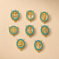Breloques médailles catholiques plaquées or 18 carats avec strass bleus et connecteurs à double boucle pour la fabrication de bijoux de chapelet DIY