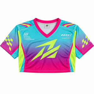 Haut de course pour femme à manches courtes, col en V, en tissu maillé respirant et à séchage rapide, avec impression par sublimation intégrale personnalisée, style moto dégradé - Product Image 3