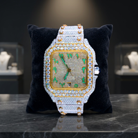 Montre-bracelet carrée ICEBOX en acier inoxydable avec moissanite, cadran analogique en verre vert et accents blancs, bracelet entièrement serti, fermoir, 10 bars