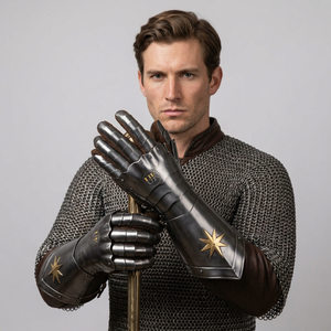 Guantes de Caballero de Acero con Recubrimiento de Níquel Negro, Conjunto de Guantes de Armadura Medieval de Estilo Antiguo con Emblema de Estrella Dorada - Product Image 1
