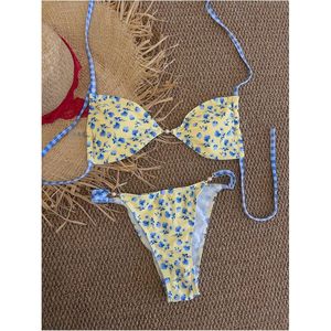 Conjunto de bikini con estampado floral para mujer FOXA, traje de baño con decoración de perlas, corte alto y tanga con tiras - Product Image 5