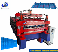 Machine de formage à froid de tôles de toiture en acier galvanisé à double couche trapézoïdale, contrôlée par PLC, haute vitesse, pour la construction