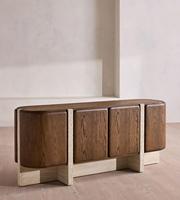 Buffet en chêne et travertin de style Mid-Century, armoire de rangement incurvée à 4 portes, meuble TV en bois massif pour villa, hôtel de charme