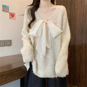 Women's Oversized Bow-Tie Ribbed Knit Sweater - Casual Sweet <b>Jumper</b> Fashion - Product Image 1