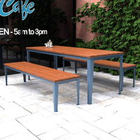 Juego de asientos comerciales para exteriores, marco de Metal y mesa de madera, dos bancos, juego de mesa de longitud personalizada, adecuado para cafeterías, restaurantes