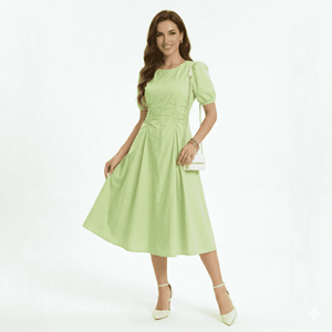Robe Midi Élégante Bordeaux à Col Rond et Manches Courtes avec Taille Froncée pour Femme, Coupe Évasée, Couleur Unie, Vente en Gros - Product Image 6