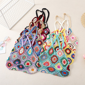 Floral Granny Square <span class=keywords><strong>Crochet</strong></span> Tote Bag Été À La Mode Raphia Tricoté À La Main Sacs À Bandoulière pour L'hiver Printemps Et Automne - Product Image 1