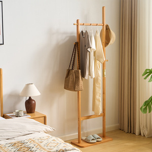 Solid Wood Floor <b>Standing</b> Clothes Rack Rectangle Bedroom Clothing Organizer Hanging Rack With <b>Hat</b> Hook And Bag Hook - Product Image 1