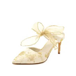 Kustom elegan sepatu pengantin produsen wanita bordir anak kucing tumit sutra sepatu pernikahan kustom Slingback bordir sepatu pengantin