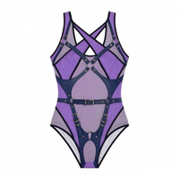 Op maat gemaakte groothandel dames sexy doorschijnende mesh bodysuit mouwloos uitgehold gekruist bandje gesp rave festival carnaval monokini