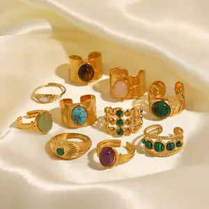 European And American Retro Stainless Steel Ring 18K Gold Plated Ring Inlaid Malachite Jewelry Ornament Wholesale