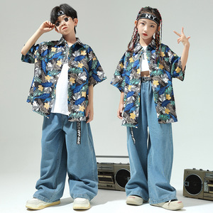 Conjunto de Disfraz de Jazz para Niños y Niñas - Camisa Hawaiana con Estampado Floral + Pantalones Anchos para Baile Callejero, Recital, Carnaval, Poliéster - Product Image 2