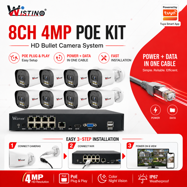Wistino 4MP PoE IP Camera 4CH 8CH CCTV System Color Night Vision AI Motion Detection Tuya Poe Camera Surveillance System