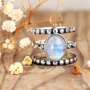 Anillo de Plata A179 con Engaste de Piedra Lunar, Bañado en Plata Antigua, Joyería Unisex de Regalo, Plata de Ley 925 con Patrón de Bola - Product Image 2