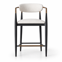 Tabouret de bar moderne avec dossier, accoudoirs en métal bronze et pieds coniques noirs, siège en tissu tissé crème pour îlot de cuisine