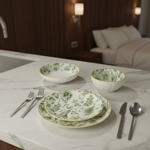 <span class=keywords><strong>Service</strong></span> de vaisselle en céramique classique 24 pièces, élégant, avec motifs de feuilles en relief, assiettes et bols, imprimé floral botanique <span class=keywords><strong>vert</strong></span> - Product Image 3
