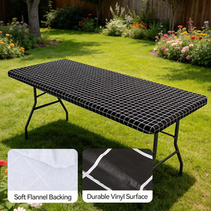 Housse de table ajustée en PEVA avec dos en flanelle de qualité supérieure, bord élastique, motif à carreaux <span class=keywords><strong>marron</strong></span> et crème, pour table de salle à manger extérieure - Product Image 2