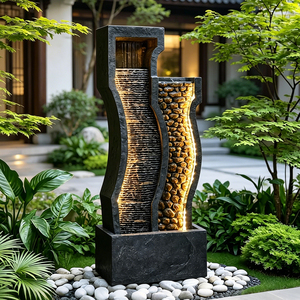 Fontaine d'eau LED autoportante d'intérieur, avec double courbe en ardoise et résine, pour <span class=keywords><strong>salon</strong></span> - Product Image 1