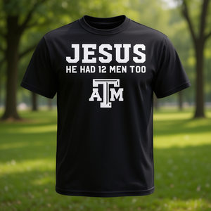 Camiseta promocional con estampado en blanco y negro de Jesus He Had 12 Men Too Atm - Product Image 3