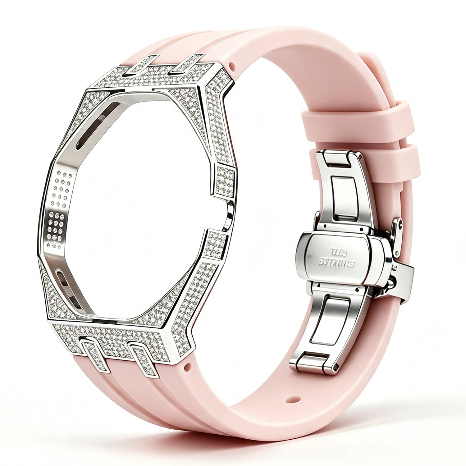 Bague argentée, diamant rose, position 3 heures.