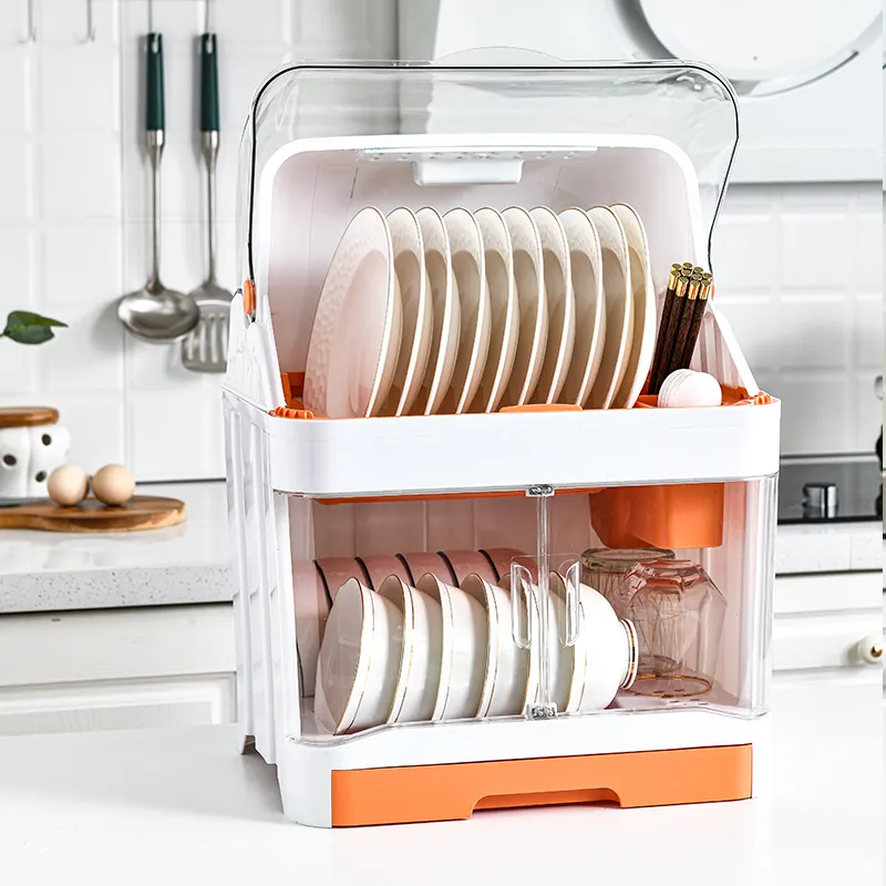 Hot sale Plate Dish Bowl Cups Spoon Storage Rack Kitchen 2 layers Plastic Dish Drying Drainer Dish Rack with Lid