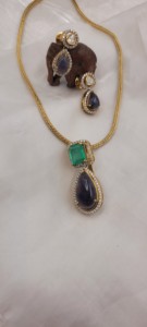 Designer gold-toned frame with diamond-style accents rectangular faceted <b>emerald</b> pear-shaped (teardrop) purple gemstone - Product Image 3