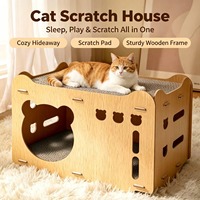 Maison à gratter pour chat en forme de tête d'ours, structure en bois, intérieur ondulé, abri à deux niveaux, design de toit ondulé, sans désordre, fournitures pour animaux de compagnie d'intérieur