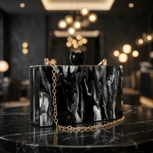 Luxury <b>Black</b> Resin Clutch <b>Bag</b> with Gold Chain Handmade Plastic <b>Evening</b> Purse Exquisite Design Unique Style New Arrival for Gift - Product Image 1