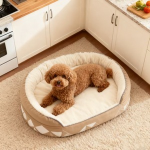 Lit pour chien en peluche moelleuse, ovale, gris et marron clair, lit pour animaux de compagnie quatre saisons avec doublure amovible pour un sommeil confortable - Product Image 4