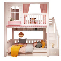 JS FURNITURE Neues Design Kinderhaus-Prinzessin-Doppelbett Schlafzimmermöbel Kinder-Holz-Hochbett mit Rutsche und Stauraumtreppe