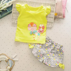 Children Wear 2020 new set Summer kids girls fly windmill vest lace sleeve shorts clothing set two pieces suit