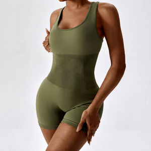 Mono de yoga sin mangas verde oliva de cintura alta para mujer, control de abdomen, moldeador, de punto, elastano, nailon, color liso - Product Image 1