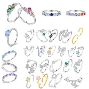 Set di Anelli Regolabili in <span class=keywords><strong>Argento</strong></span> Sterling S925 con Diamanti Naturali, Design a Fiore, Farfalla, Panda e <span class=keywords><strong>Serpente</strong></span> - Product Image 1