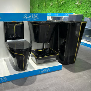 Inodoro de Cerámica de Alta Calidad con Borde Dorado Negro de Lujo, Lavabo Suspendido en la Pared, Juego de Inodoro de Una Pieza - Product Image 1