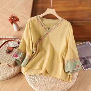 Women's Cotton Linen Blouse Asymmetric Embroidered Slanted Placket Breathable Loose Fit Summer Ethnic Style Short Sleeve - Product Image 3