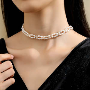 Collar de Perlas de Agua Dulce Naturales para Mujer, Diseño de Doble Capa con Cuentas de Arroz, Accesorio para Vestido Francés, 34 cm, WENCHI 2025, Nuevo y Popular - Product Image 1