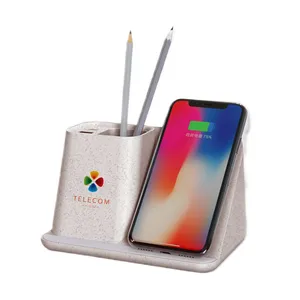 2022 Trending Products Latest Material Dock Wheat Straw 3in 1 Pen Holder Wireless Charger Mobile Stand With 2 Charging Ports