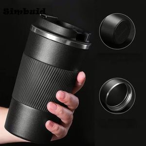Mug de voyage isotherme en acier inoxydable noir avec couvercle rabattable, poignée côtelée, anti-fuite, pour café, idéal pour le bureau et les trajets quotidiens - Product Image 1