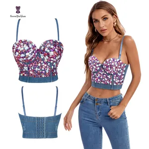 Korset Crop Top Wanita, Bra Pesta Seksi Berlian Imitasi Payet Korset Denim Crop Top Rompi Bralette Pernikahan